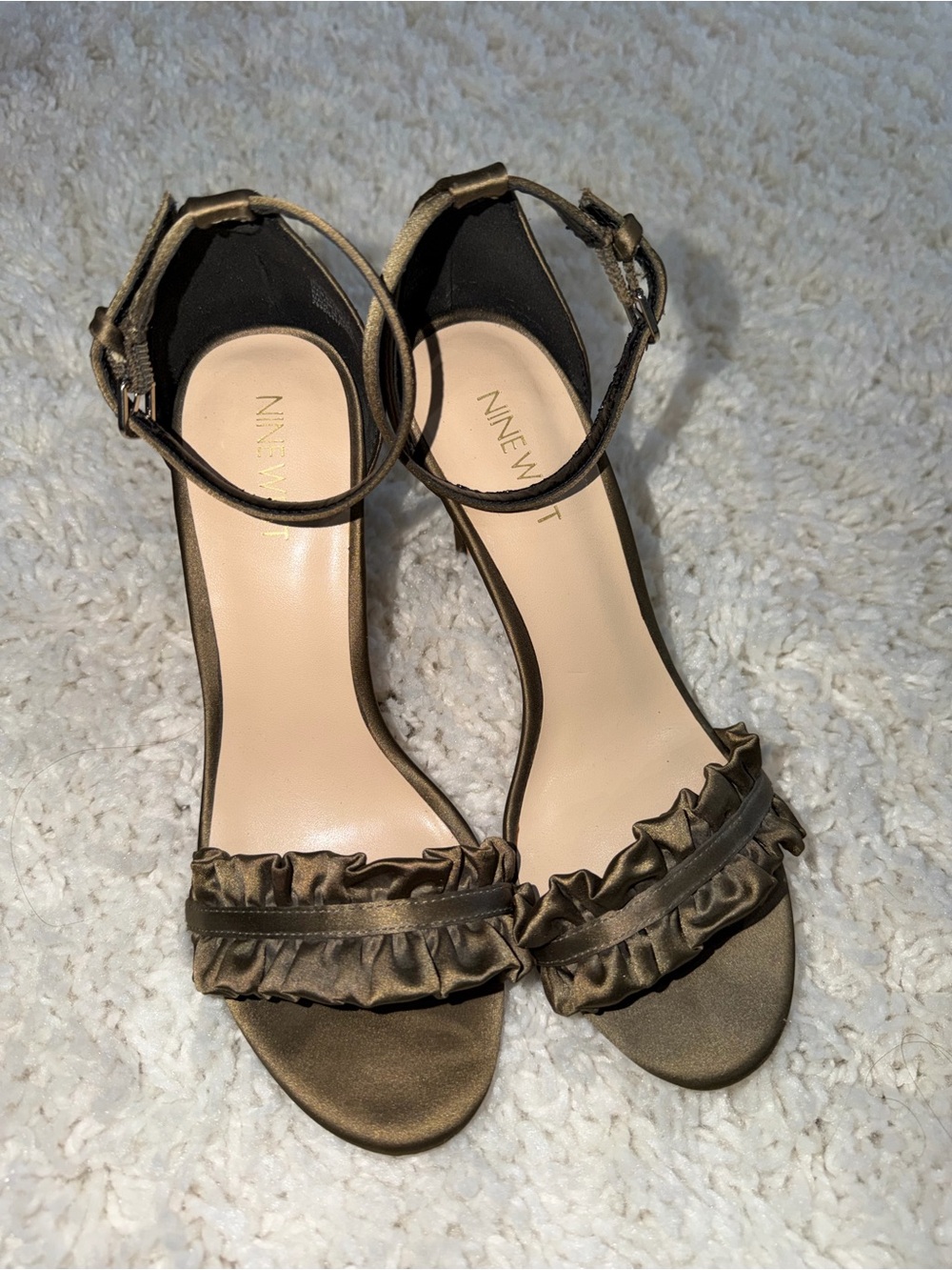 Nine West Metallic Bronze Ankle Strap Ruffle Heels